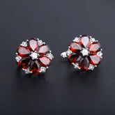 Natural Garnet Flower Design Silver Studs Earrings for Women